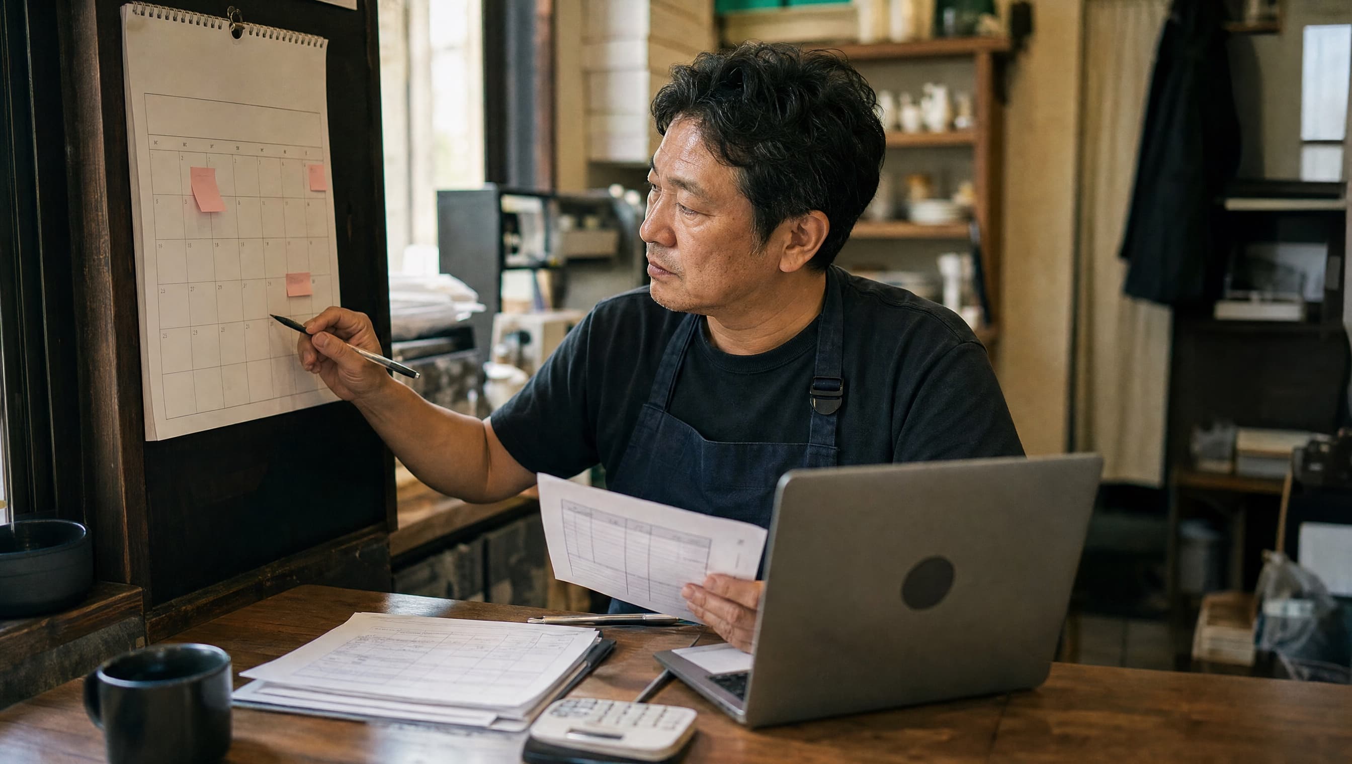 식당 사무 공간에서 사장이 달력과 급여 서류를 놓고 지급일을 확인하는 장면