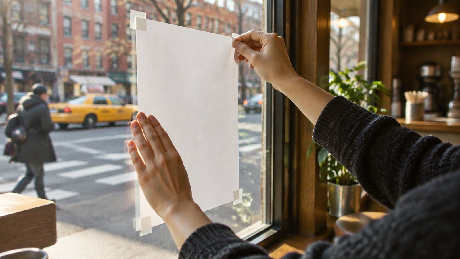 카페 유리창 안쪽에 빈 종이 공고문을 붙이는 손