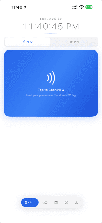 Employee app Clock screen — Tap to Scan NFC