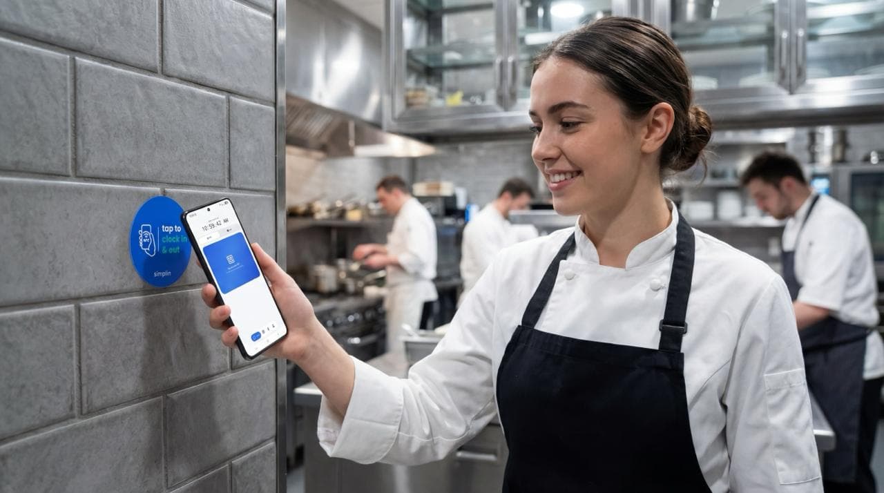 An employee tapping their phone on a Simplin NFC sticker on a kitchen wall