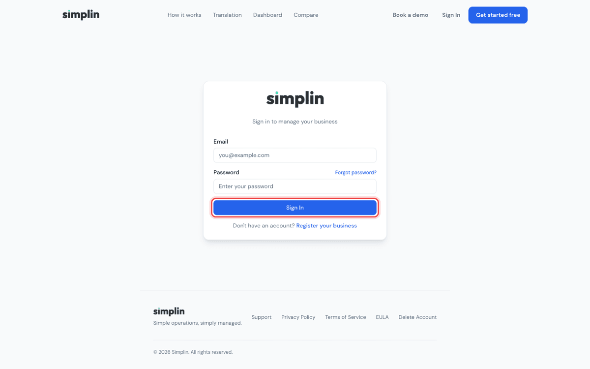 Simplin sign-in screen with email, password, and Sign In button