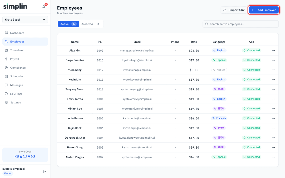 Add Employee button at the top right of the Employees page