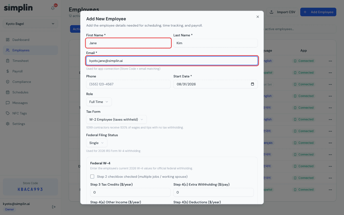 Add employee dialog with name and email fields