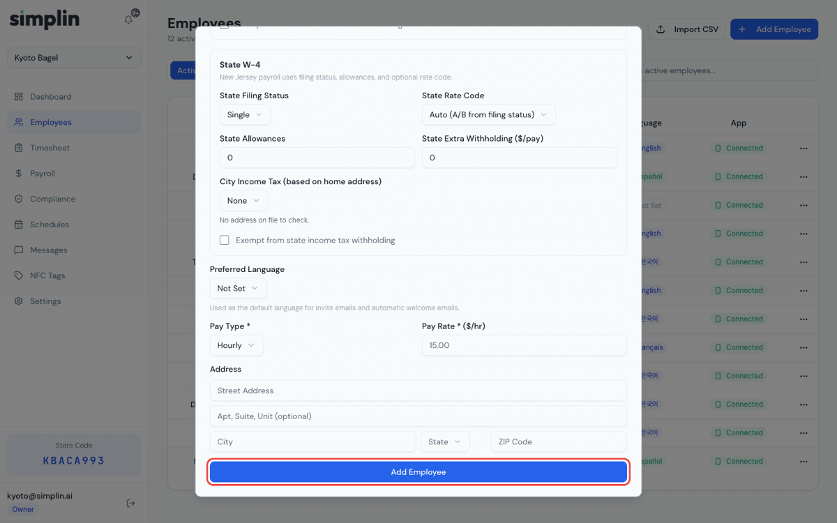 Add Employee save button at the bottom of the dialog