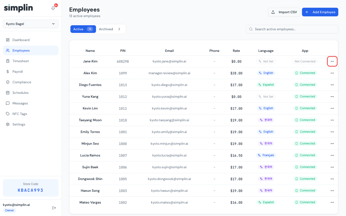 Three-dot menu button at the end of the employee row
