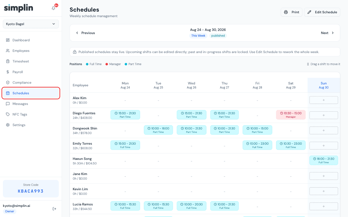 Schedules page with weekly schedule builder