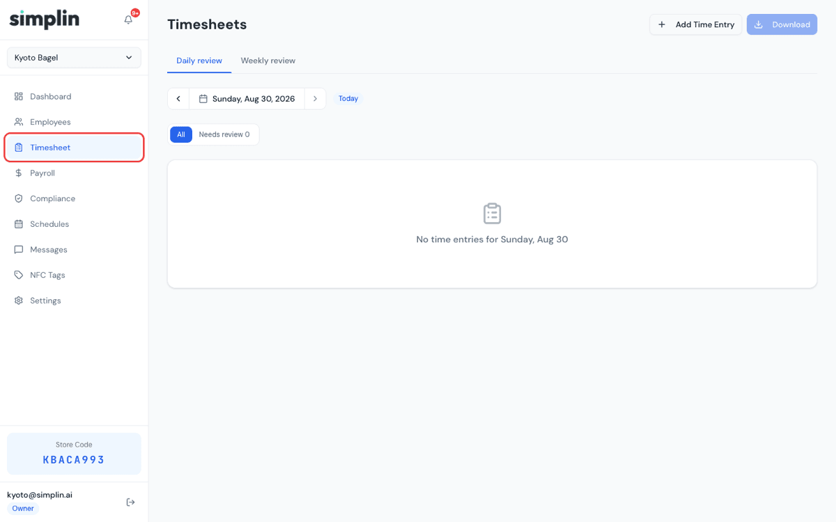 Timesheet page with time entries