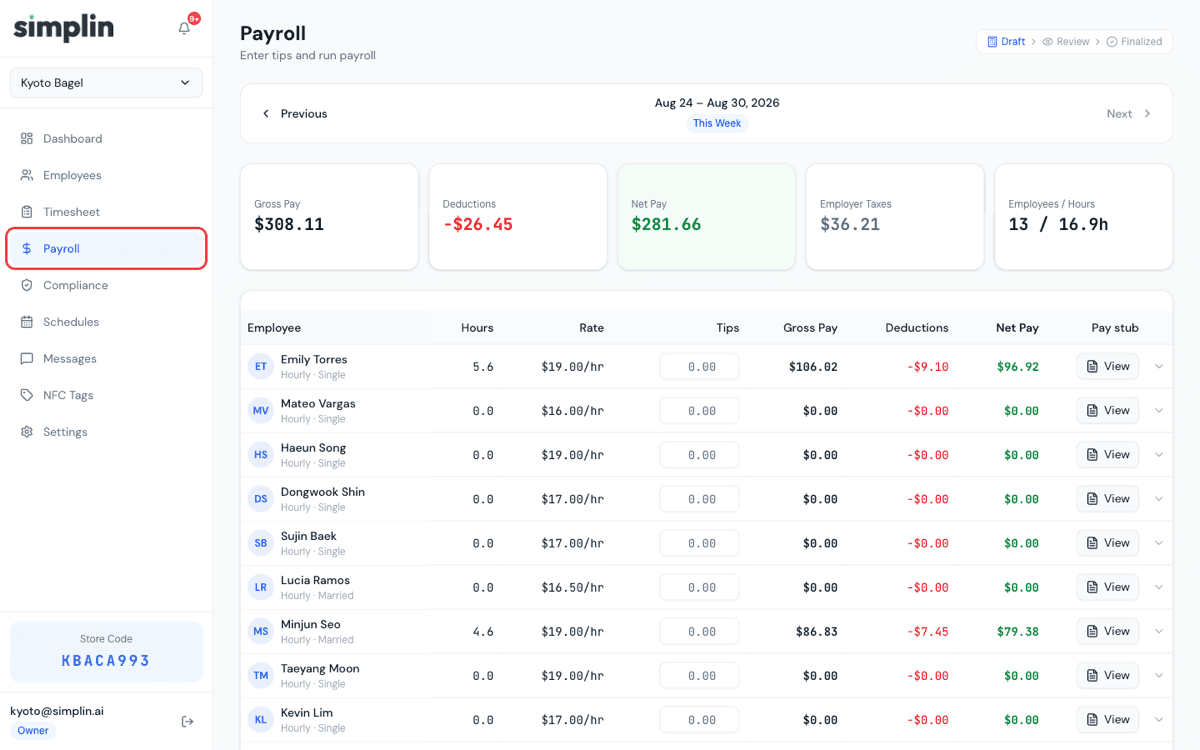 Payroll page with pay report