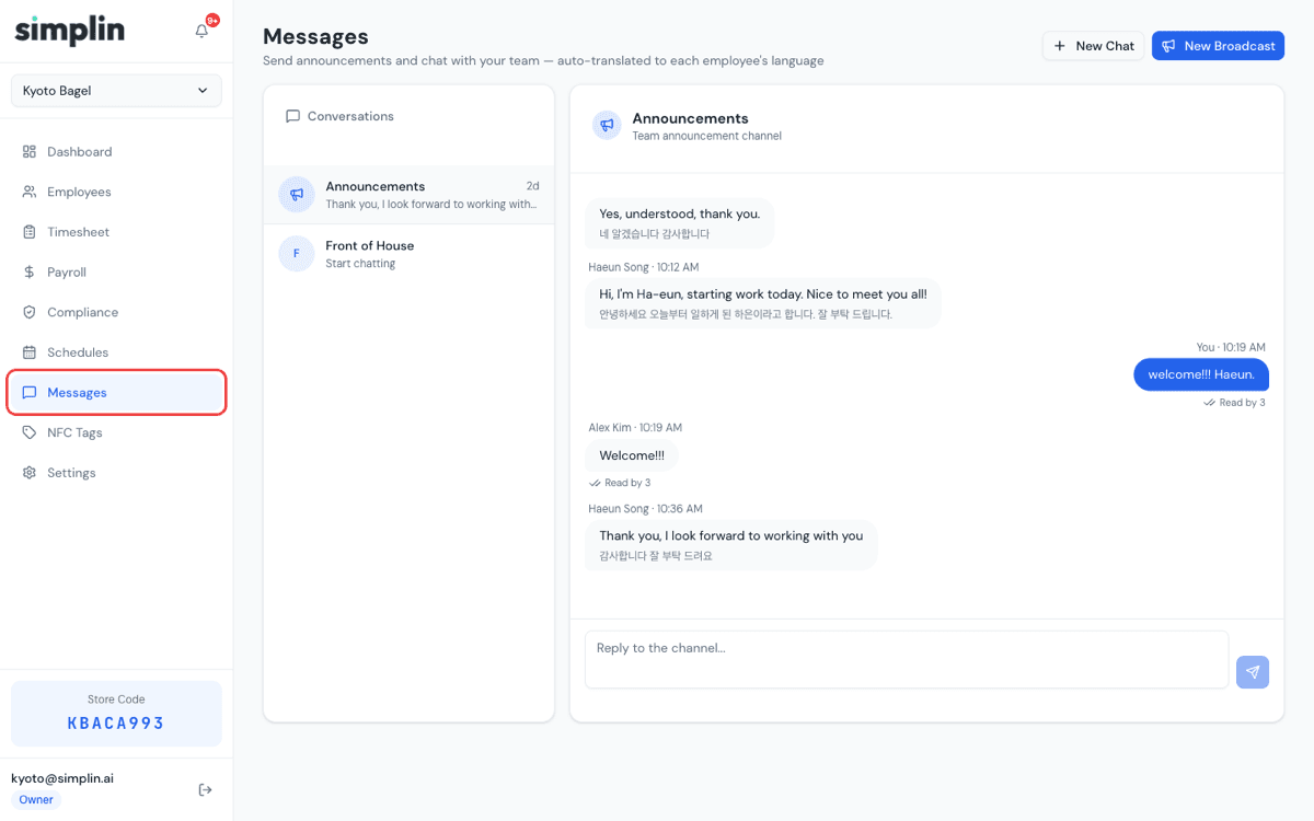 Messages page with multilingual team chat