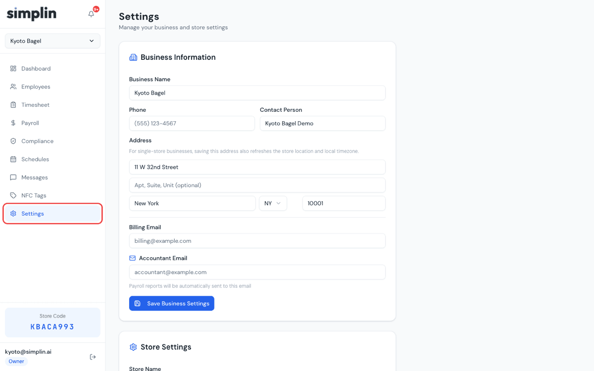Settings menu location and store details screen