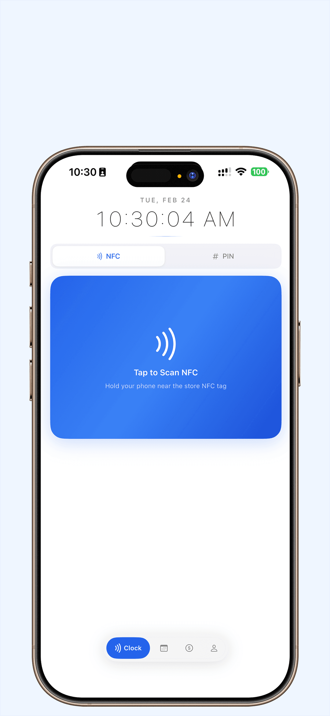 Restaurant staff tapping phone on NFC sticker to clock in