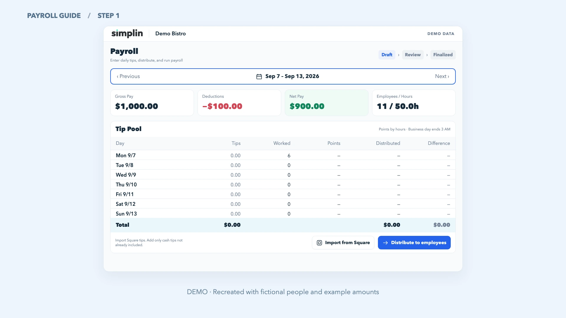 가상 매장의 Payroll 초안과 선택된 급여 기간