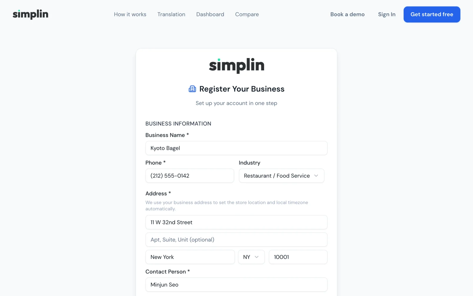 Register Your Business form with business name, phone, industry, and address filled in