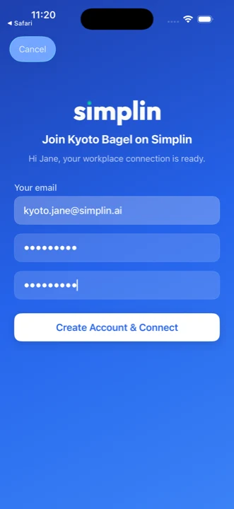 Invite screen in the app with store name and email prefilled