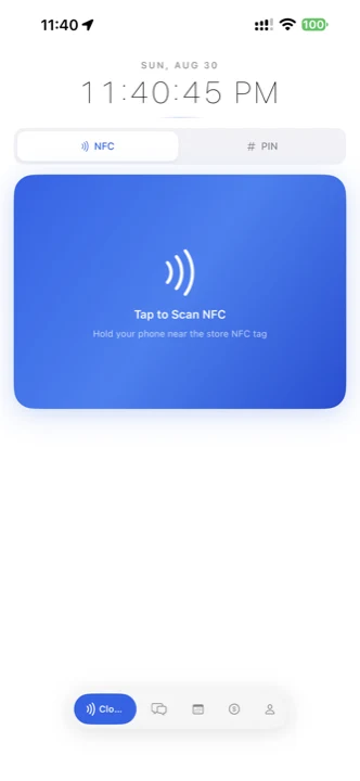 Employee app Clock screen with NFC and PIN toggle and the Tap to Scan NFC area