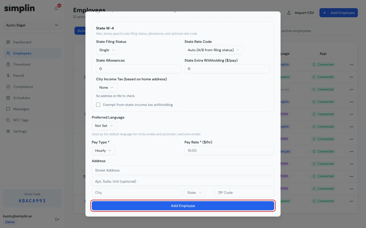 Bottom of the employee form with the Add Employee save button highlighted