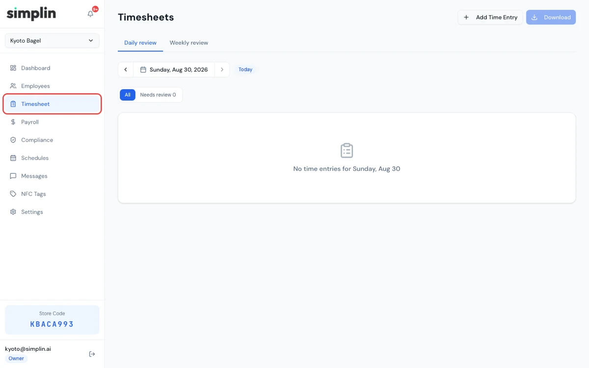 Timesheet page listing time entries