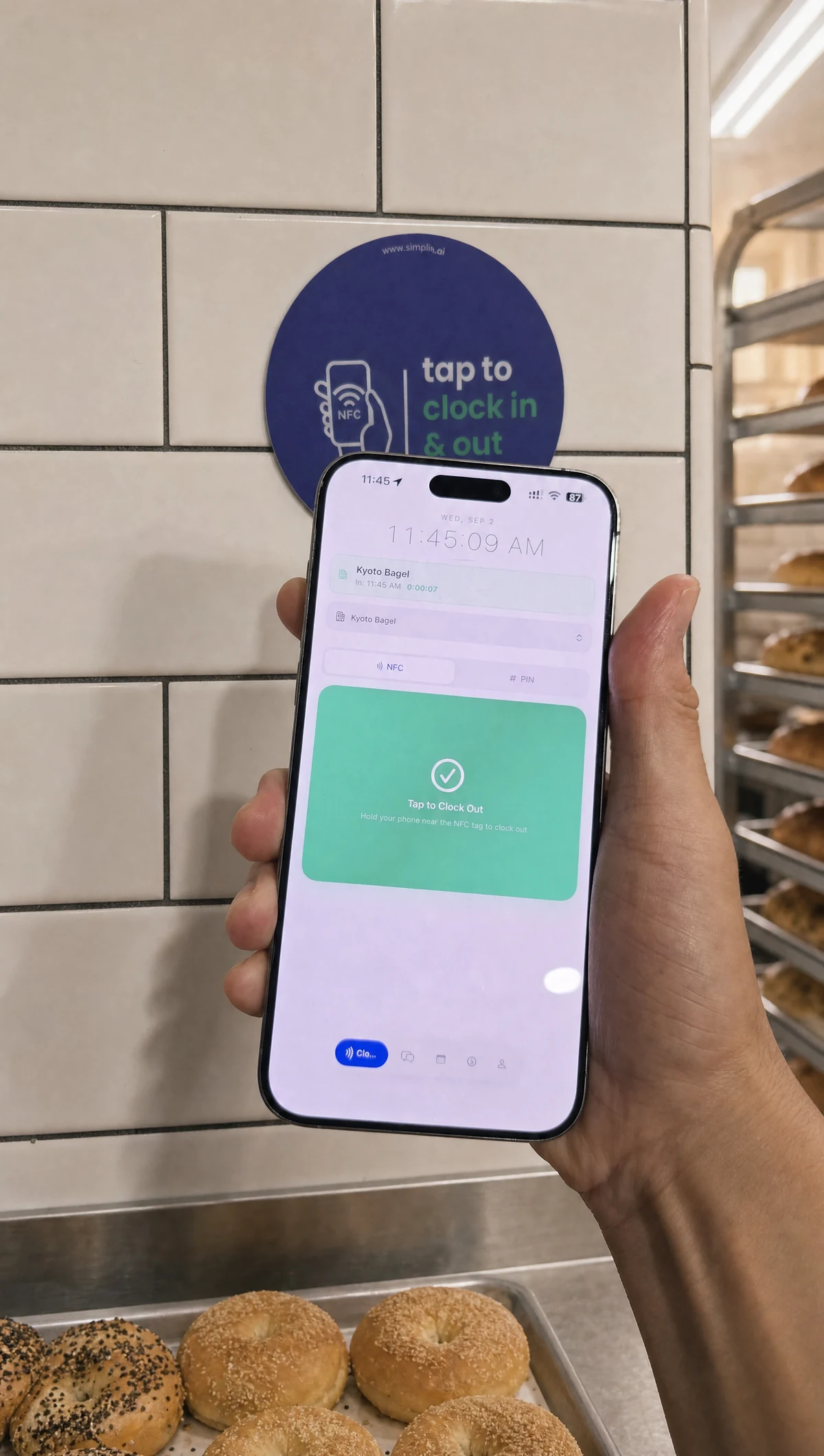 Clocked in: the card turns green and reads Tap to Clock Out