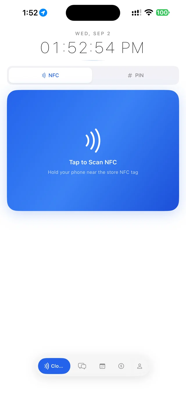 Clock screen with the blue Tap to Scan NFC card