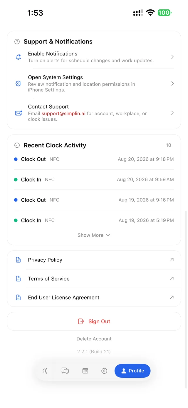 Profile tab lower half with notifications, recent clock activity, and Sign Out