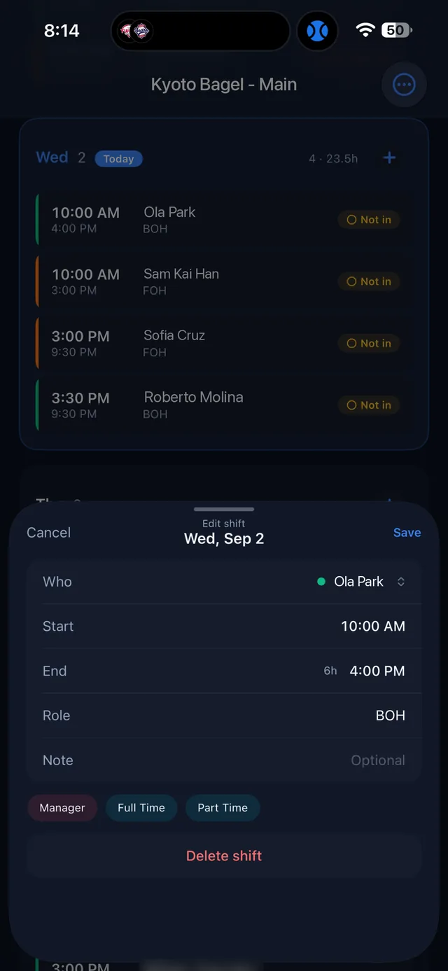 Edit shift sheet